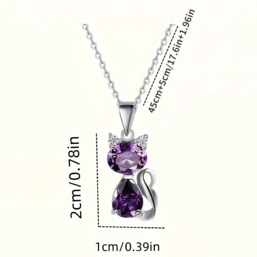 925 Sterling Silver Necklace w/ Cat Kitten Purple Synthetic Amethyst Pendant NEW